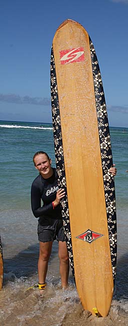 Kalyn with Surfboard on Waikiki Beach